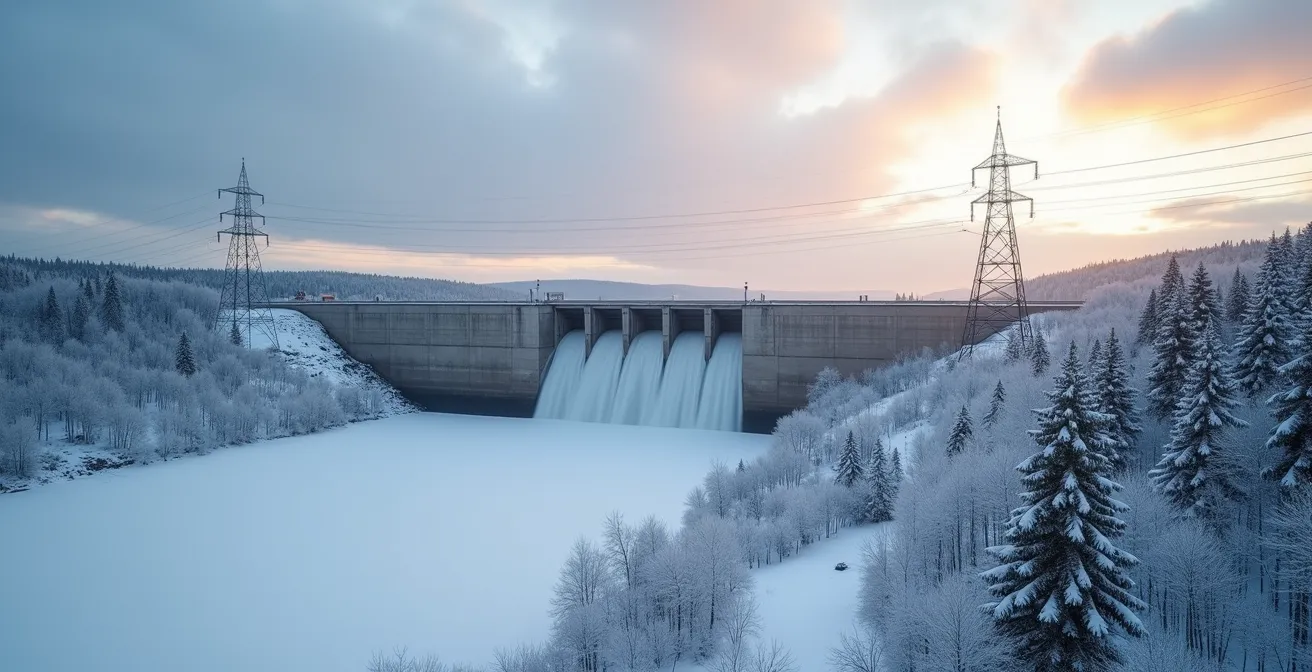 Barrage hydroélectrique du Québec en hiver avec lignes de transmission électrique