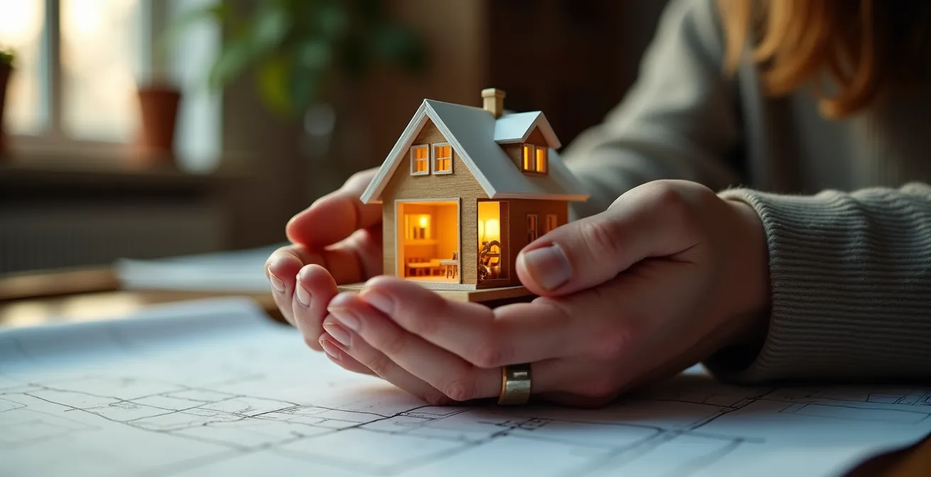 Mains tenant une maquette de maison avec système de chauffage en coupe technique visible