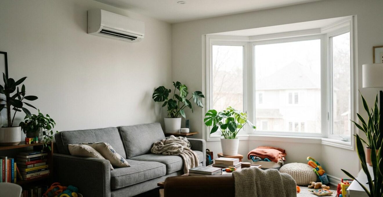Unité intérieure de climatisation split dans un séjour moderne lumineux