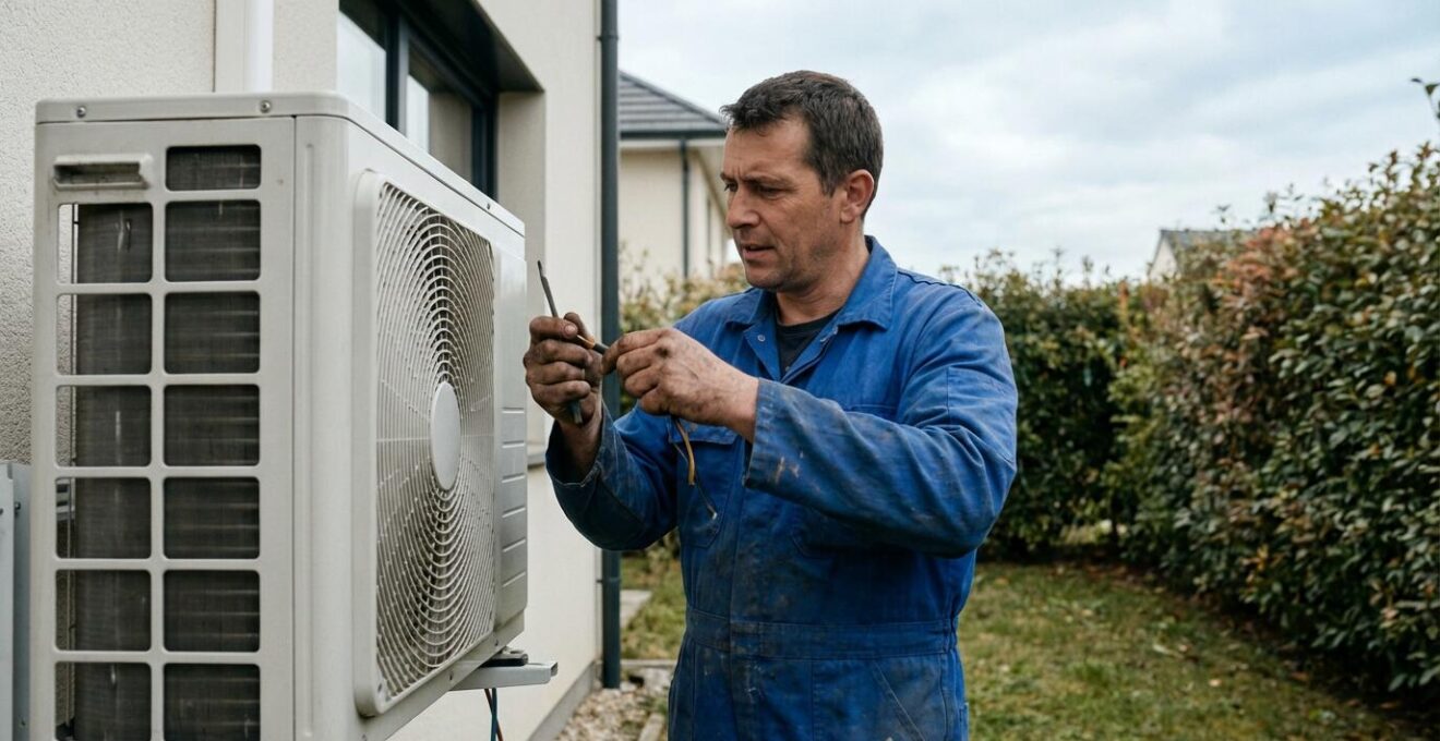 Technicien inspectant une unité extérieure de climatisation réversible sur façade maison