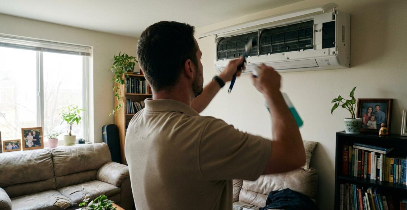 Technicien effectuant la maintenance des filtres d'une unité intérieure de climatisation