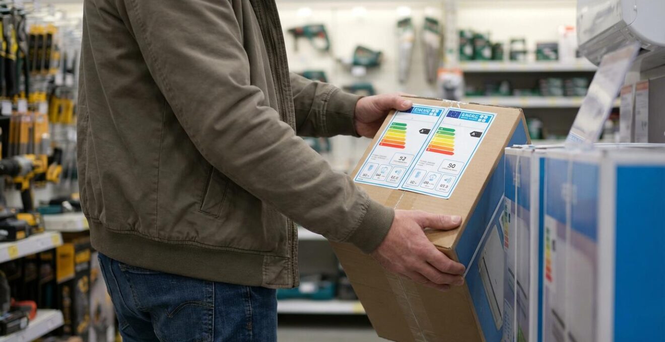 Client consultant étiquette énergétique climatisation réversible en magasin