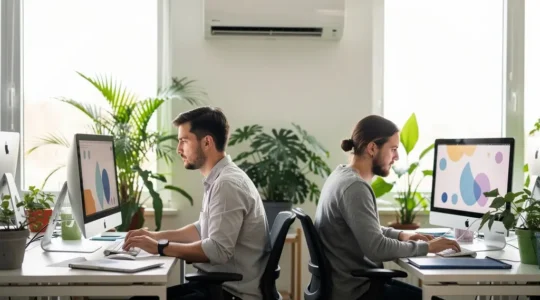 Open space moderne avec climatisation murale et collaborateurs concentrés sur leurs écrans