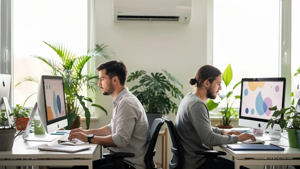 Open space moderne avec climatisation murale et collaborateurs concentrés sur leurs écrans