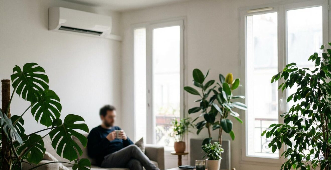 Unité intérieure climatisation réversible dans salon avec lumière naturelle