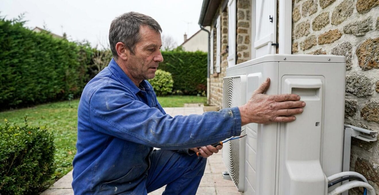 Technicien inspectant une unité extérieure de climatisation réversible sur façade maison