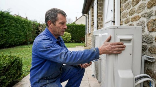 Technicien inspectant une unité extérieure de climatisation réversible sur façade maison