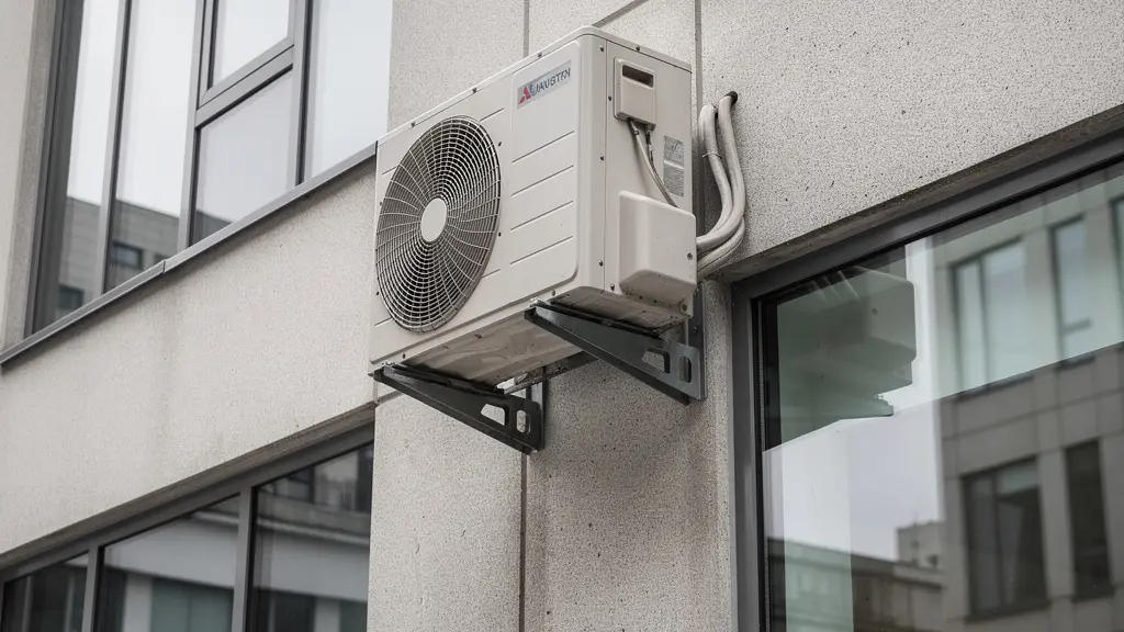 Unité extérieure de climatisation split installée sur façade d'immeuble de bureaux