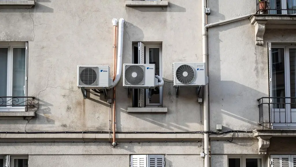 Façade d'immeuble résidentiel français avec plusieurs unités extérieures monosplit installées séparément