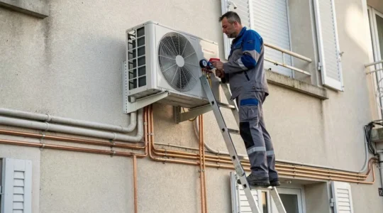 Technicien frigoriste installant une unité extérieure de climatisation multisplit sur une façade résidentielle française