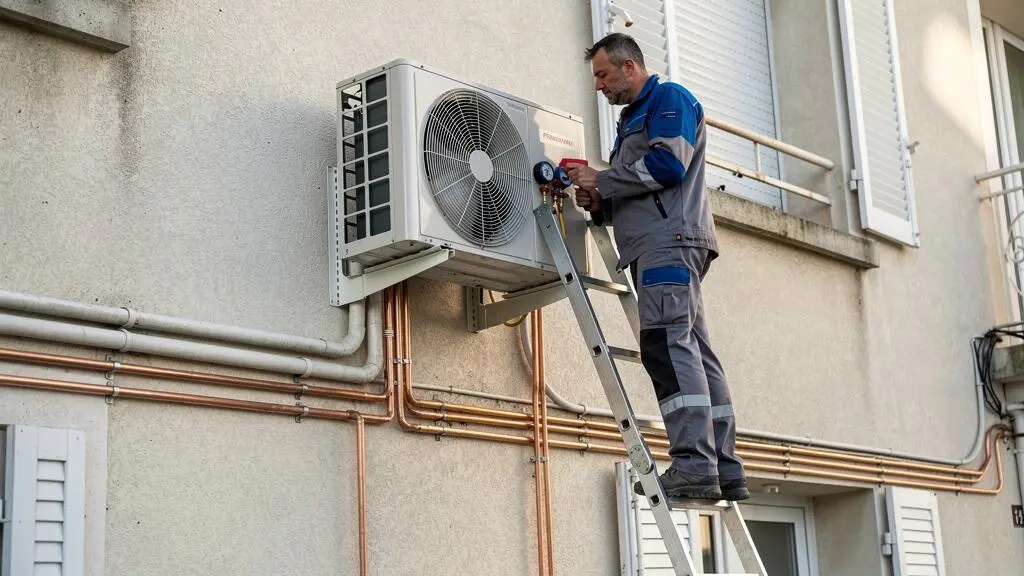 Technicien frigoriste installant une unité extérieure de climatisation multisplit sur une façade résidentielle française